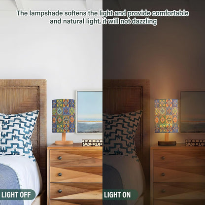 Comparison of a lampshade in a bedroom setting with light off and light on.