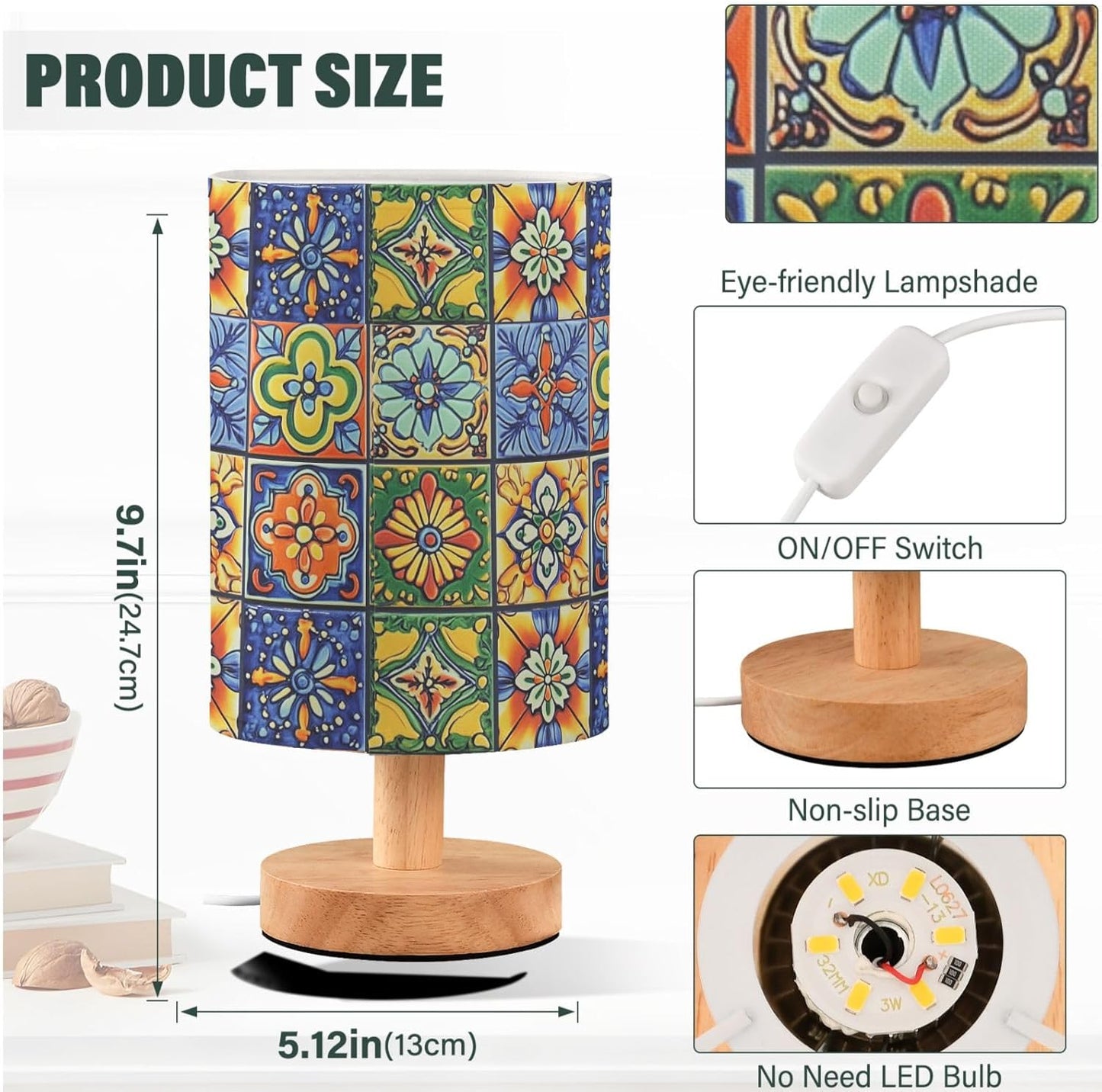 Colorful patterned lampshade with wooden base and switch details on a white background