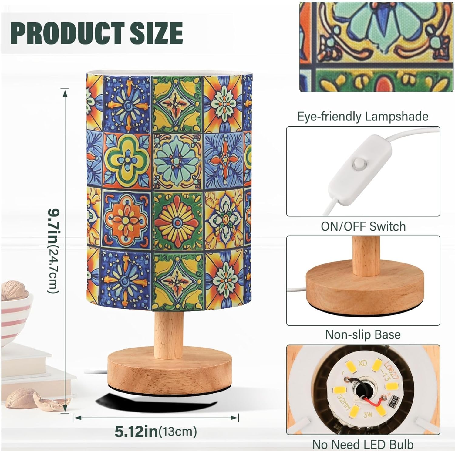 Colorful patterned lampshade with wooden base and switch details on a white background