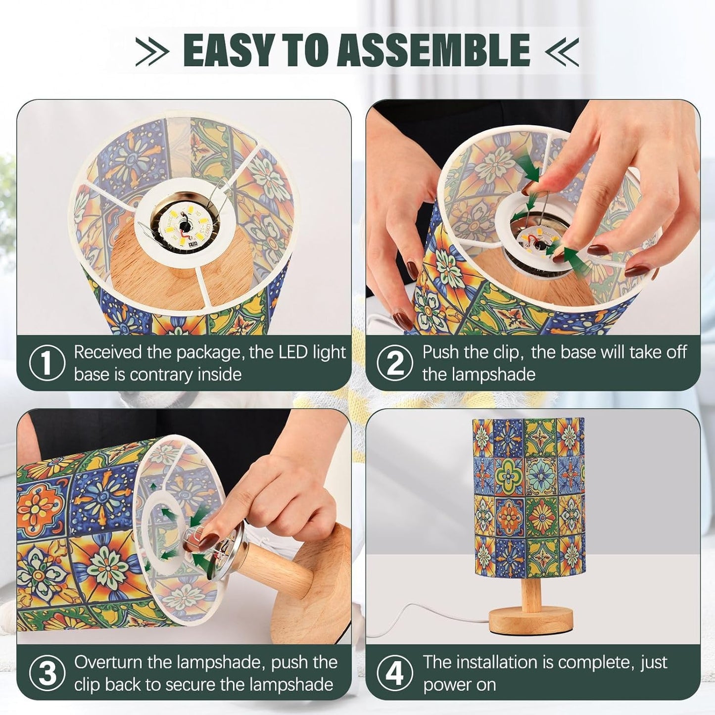 Step-by-step guide on assembling a decorative lamp with colorful design.