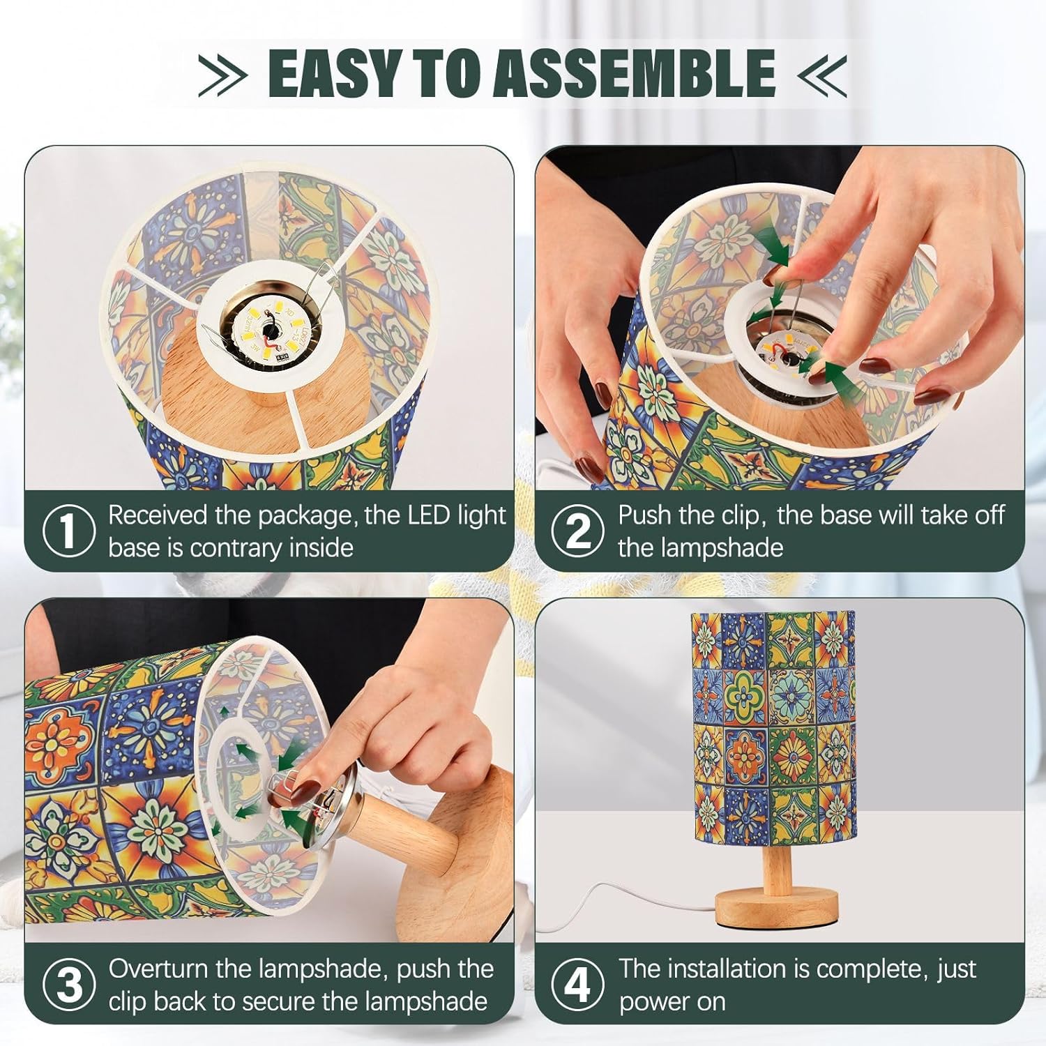 Step-by-step guide on assembling a decorative lamp with colorful design.