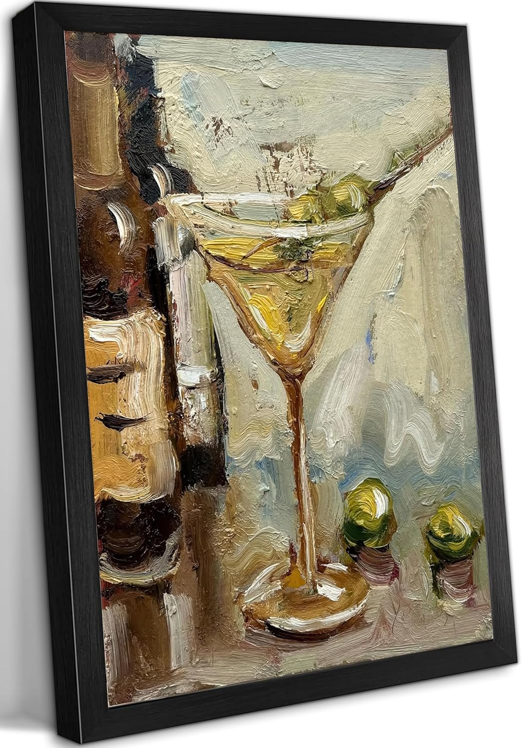 Painting of a martini glass with olives and a bottle, in a black frame.