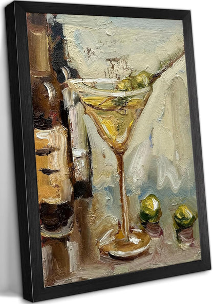 Painting of a martini glass with olives and a bottle, in a black frame.
