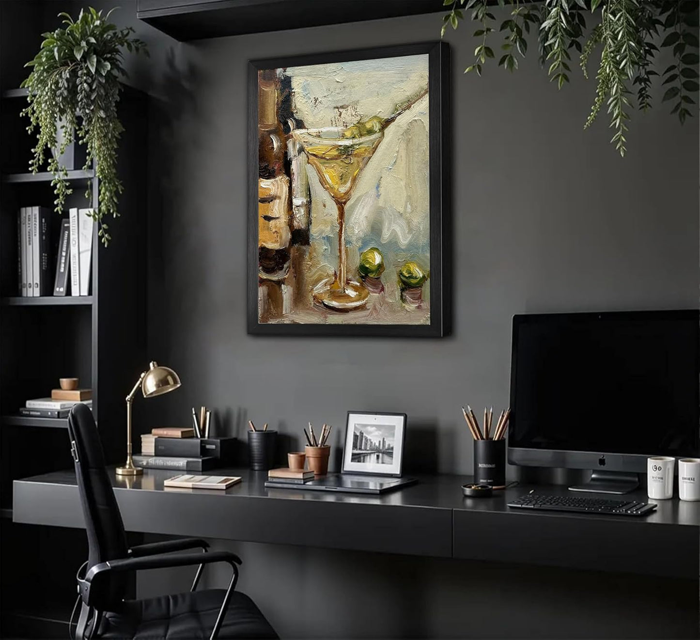 Modern office setup with a painting of a cocktail on the wall, desk with computer, and office supplies.
