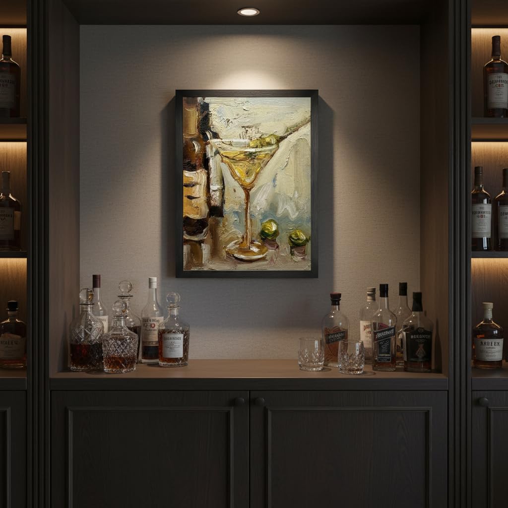 Bar setting with bottles and a painting of a cocktail on the wall