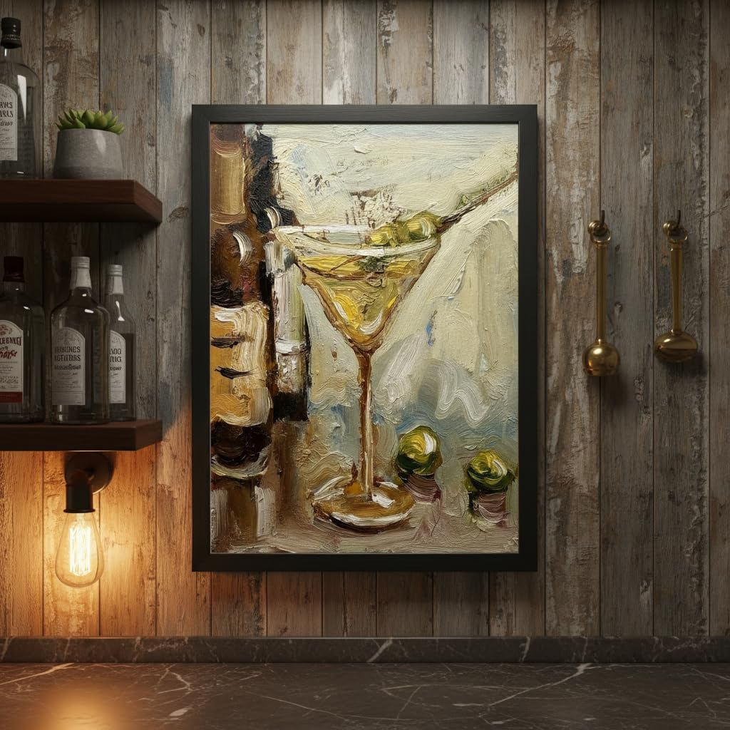 Framed painting of a cocktail on a wooden wall with shelves and decor.