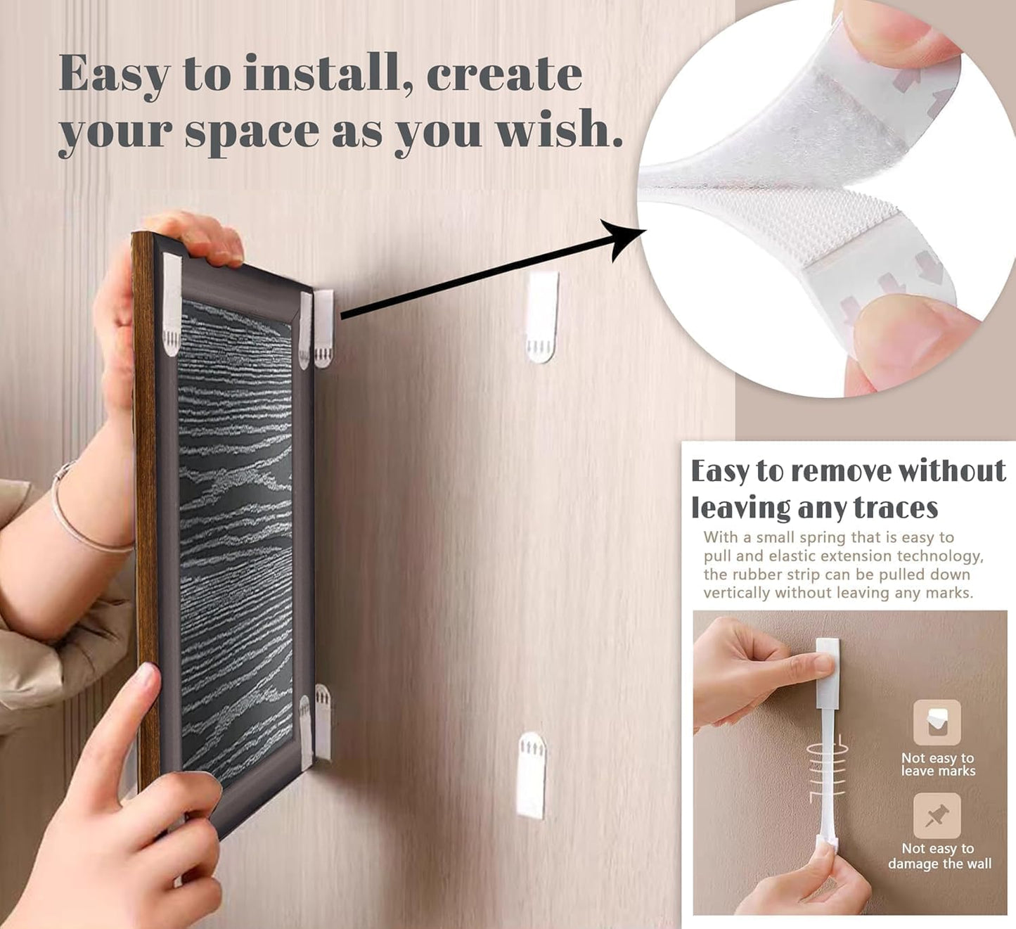 Hands installing a decorative panel on a wall with text about ease of installation.