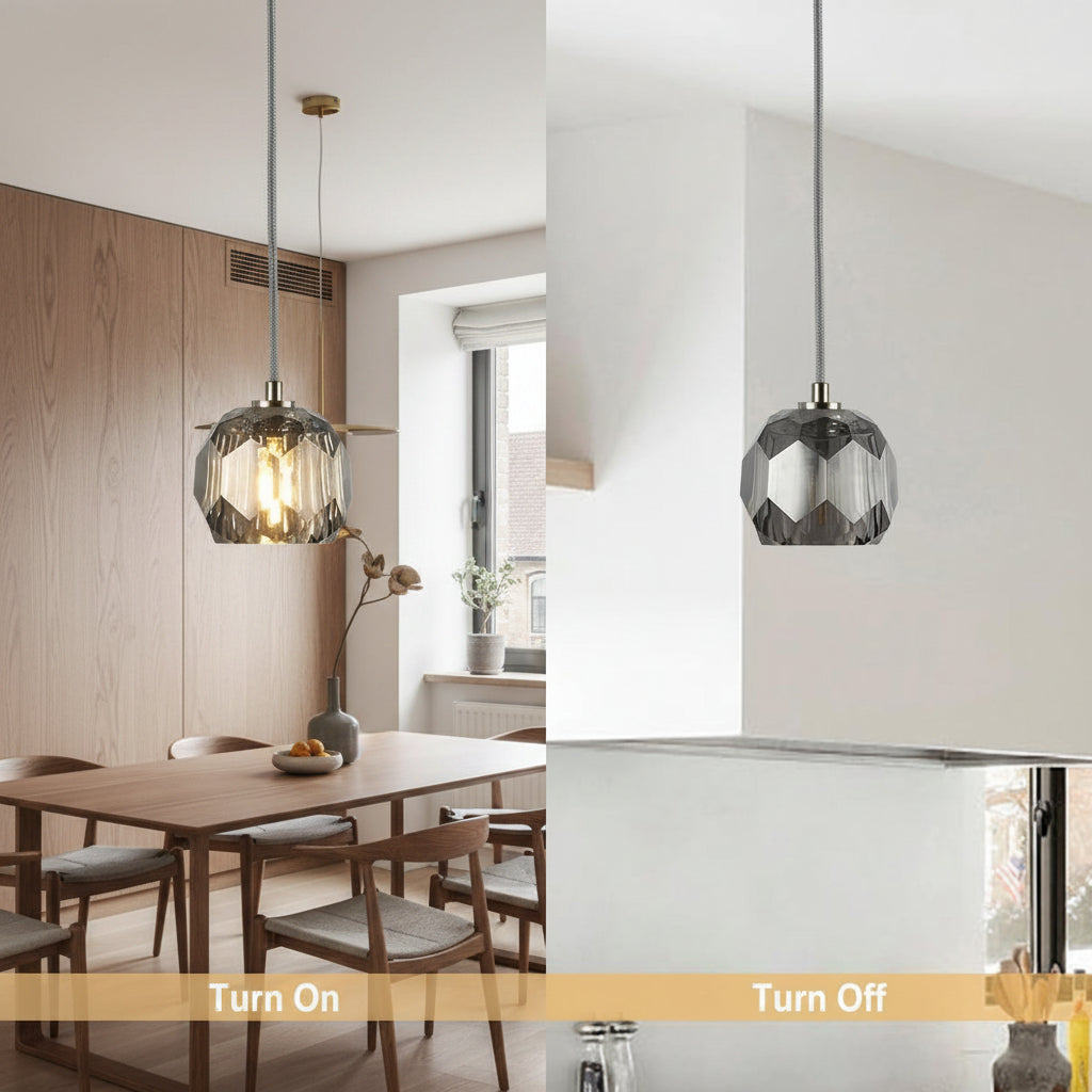 Pendant light fixture showing 'Turn On' and 'Turn Off' states with a neutral background.