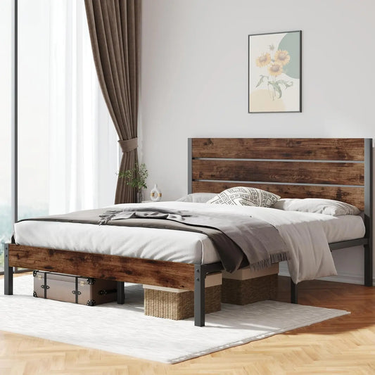 Decorstly Mid Century Rustic Brown Wood Bed Frame for Bedroom Essential