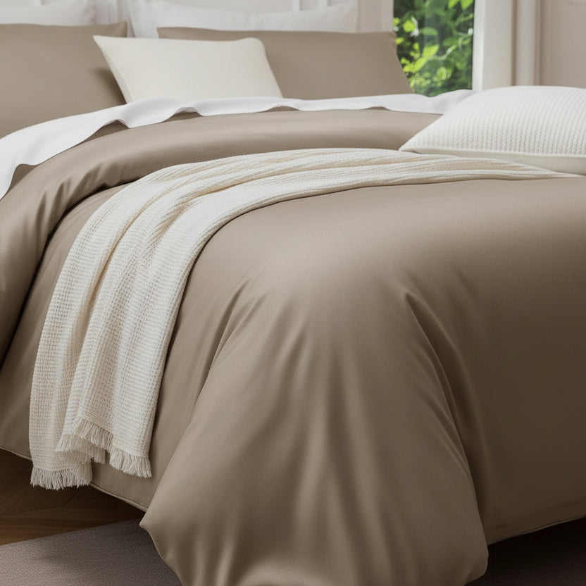 A neatly made bed in a styled bedroom setting, featuring a champagne beige satin duvet cover, matching pillow shams, white accent pillows, and a cream knit throw blanket draped over the foot of the bed. The background includes a white paneled wall, a window with green foliage outside, and bedside tables with lamps.