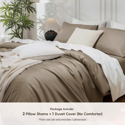 Bedding set with brown duvet cover and pillow shams in a bedroom setting.