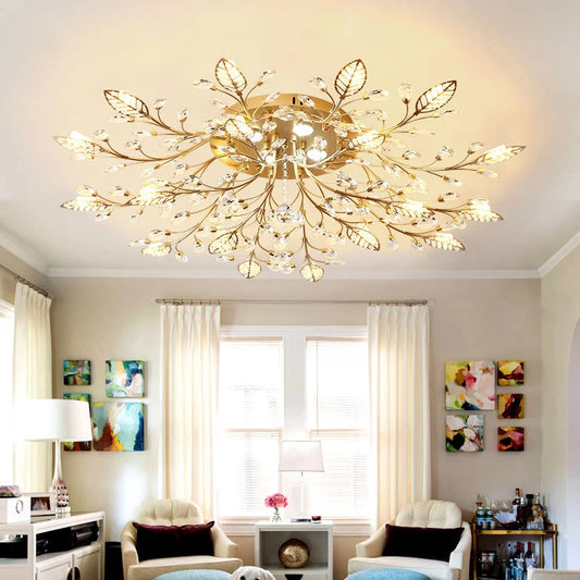 Metal Gold Frame Crystal Leaf Chandelier