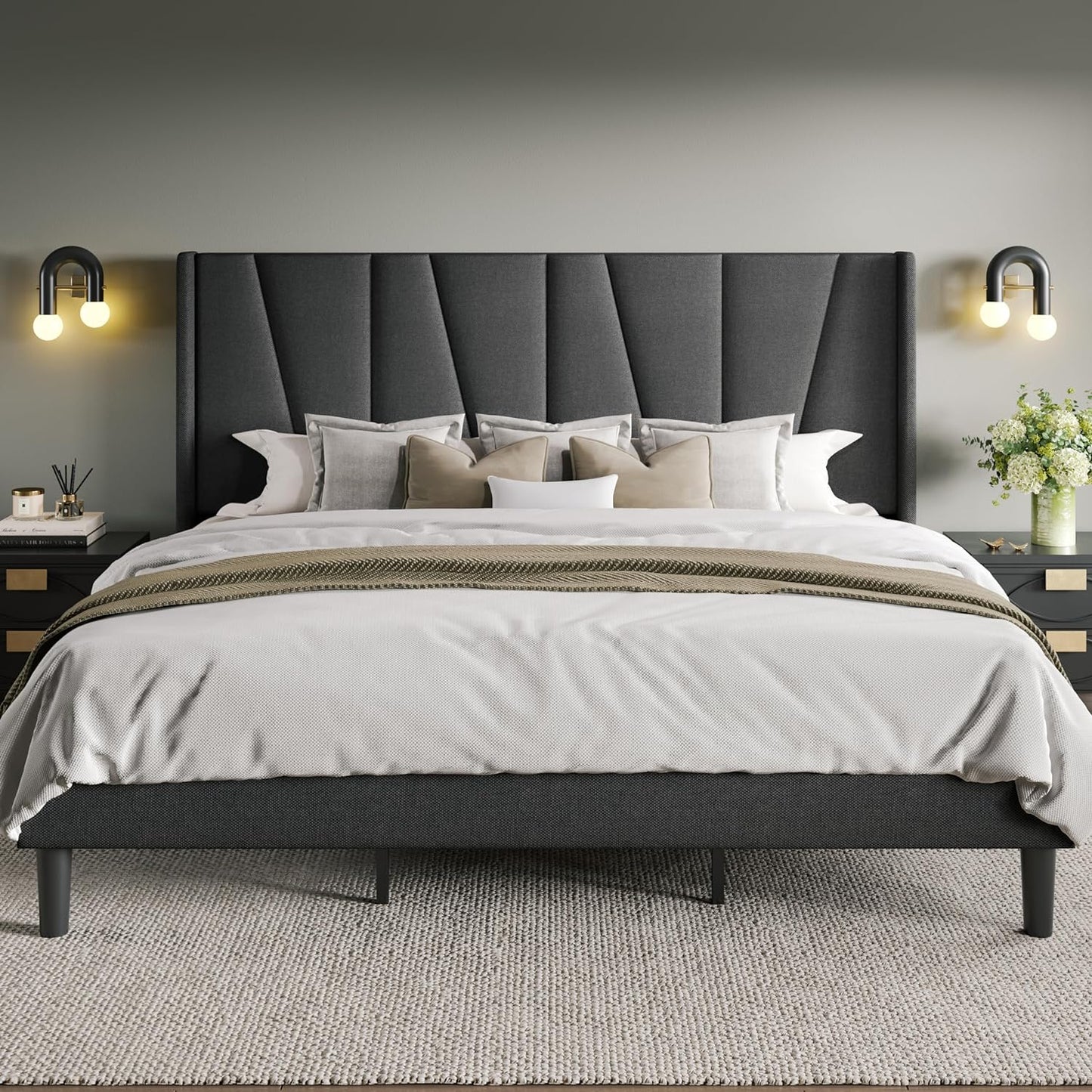 Modern Geometric Wingback Headboard Bed Frame