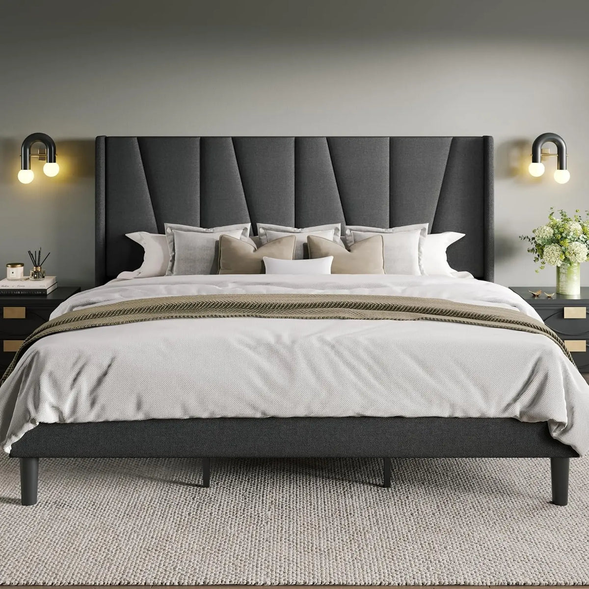 Modern Geometric Wingback Headboard Bed Frame - Decorstly