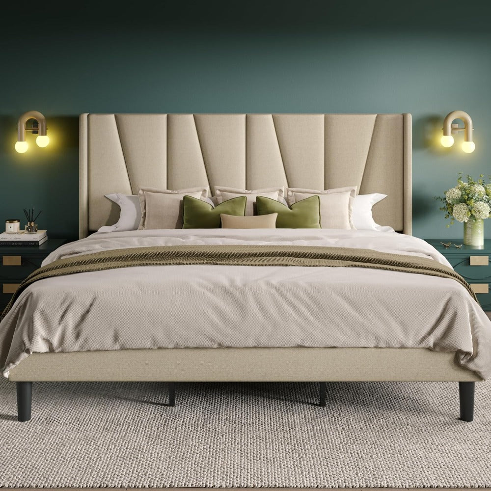 Modern Geometric Wingback Headboard Bed Frame