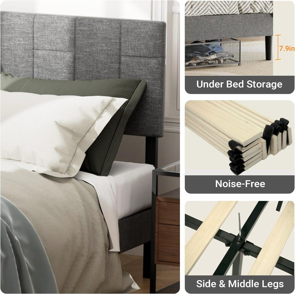 Decorstly Modern Upholstered Grey Mid Century Bed Frame for Bedroom Decor Essential
