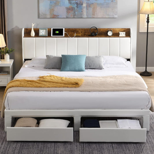 Decorstly Modern White Upholstered Storage Platform Bed Frame for Bedroom Decor