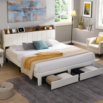 Decorstly Modern White Upholstered Storage Platform Bed Frame for Bedroom Decor
