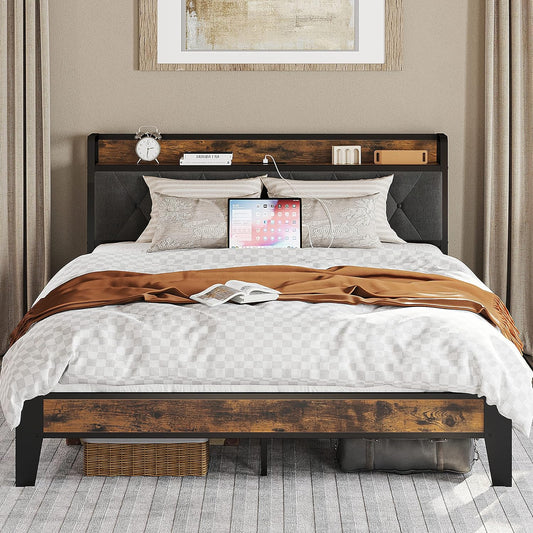 Decorstly Modern Wood Storage Headboard Queen Size Platform Bed Frame for Bedroom