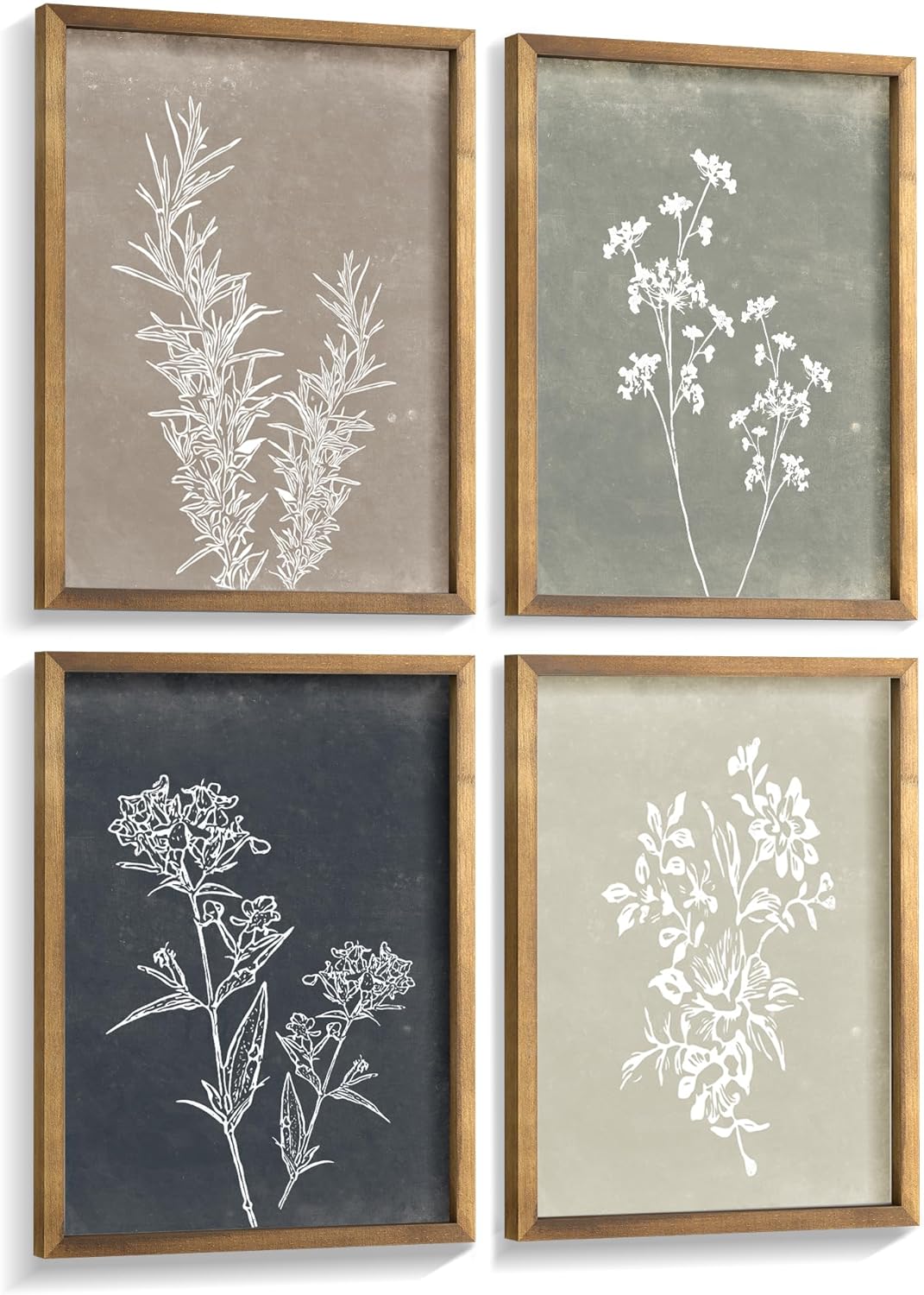 Four framed botanical prints with white flowers on a neutral background