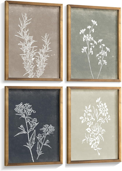 Four framed botanical prints with white flowers on a neutral background