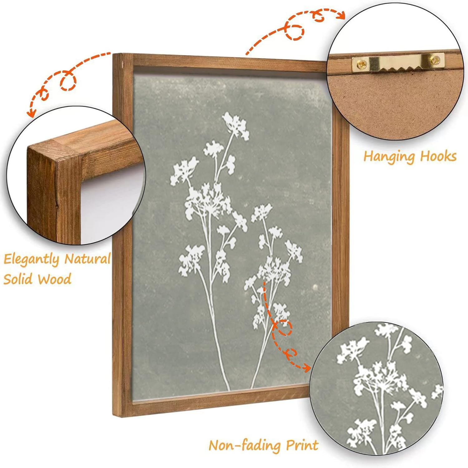 Wooden picture frame with floral print on a gray background