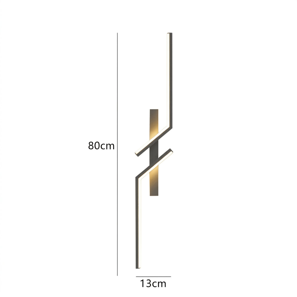 Modern wall sconce with a zigzag linear design in brushed gold and dark gray, annotated with dimensions of 80cm height and 13cm width on a white background.