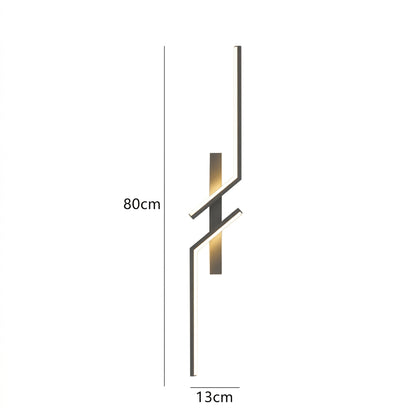 Modern wall sconce with a zigzag linear design in brushed gold and dark gray, annotated with dimensions of 80cm height and 13cm width on a white background.
