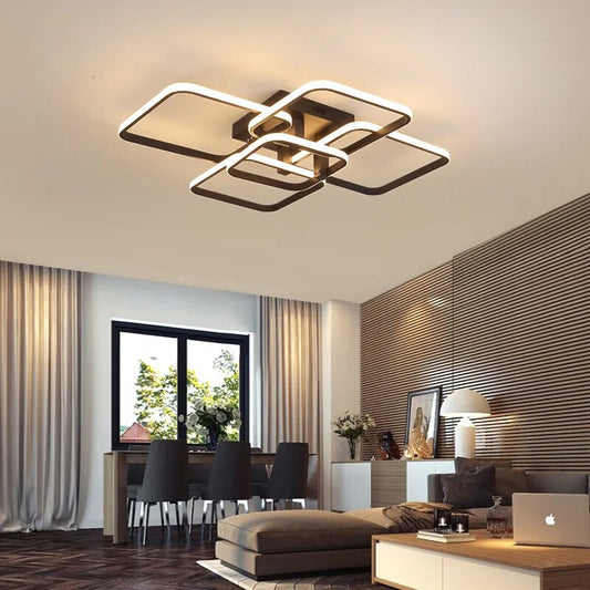 Modern acrylic rectangle chandelier with interlocking black LED frames mounted flush to ceiling in living room
