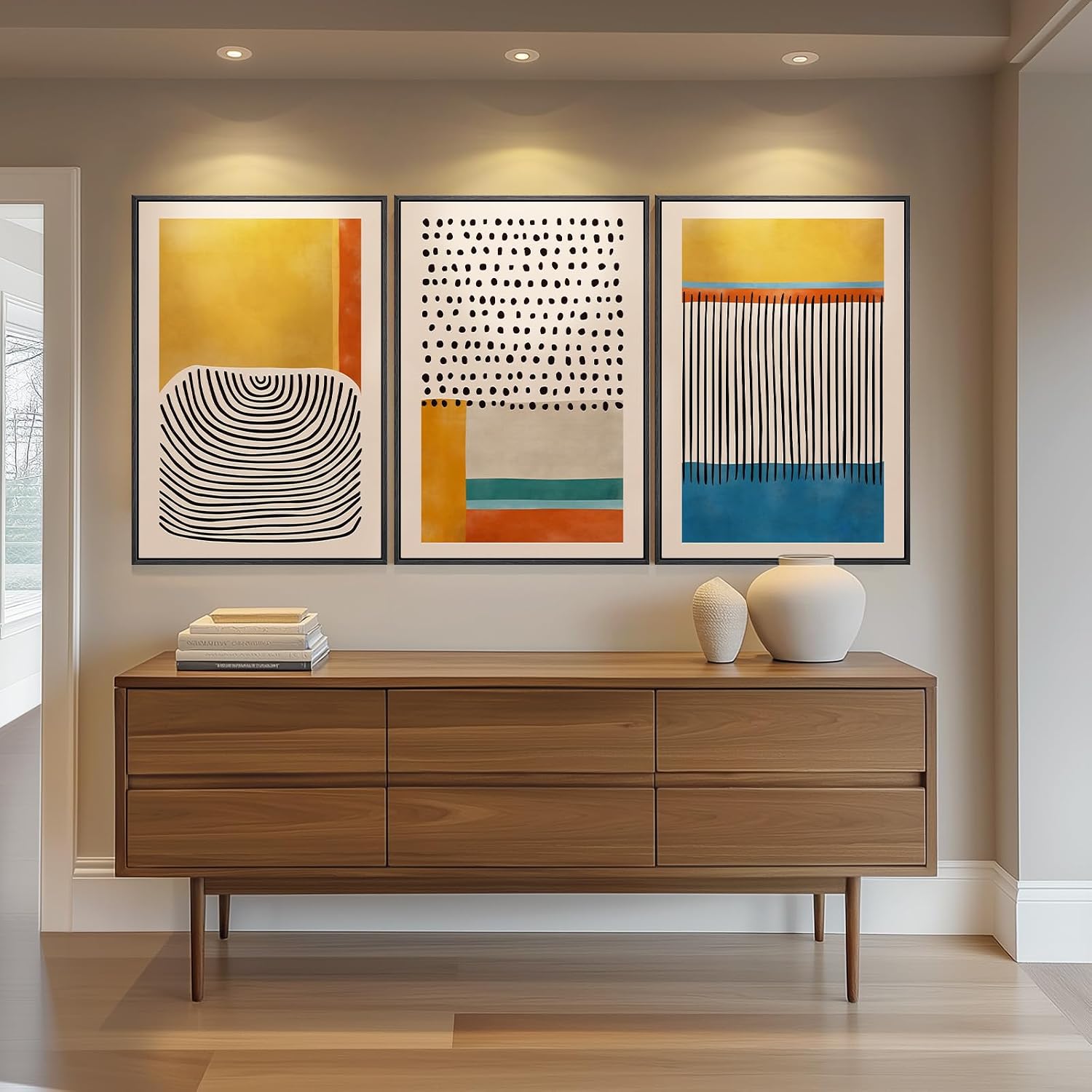 Modern interior with a wooden console table and abstract art on the wall.
