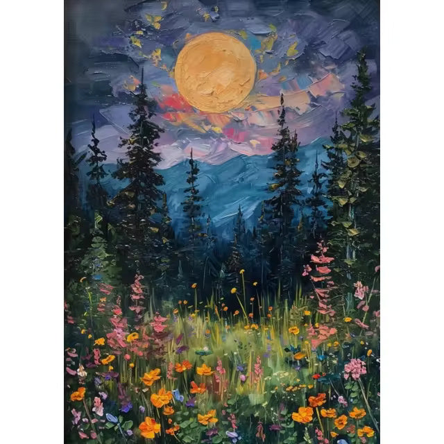 Moon Above The Wildflowers Canvas Painting