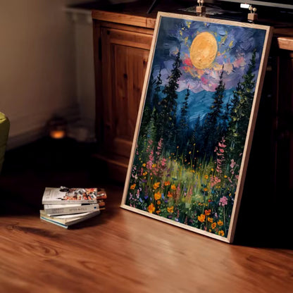 Moon Above The Wildflowers Canvas Painting