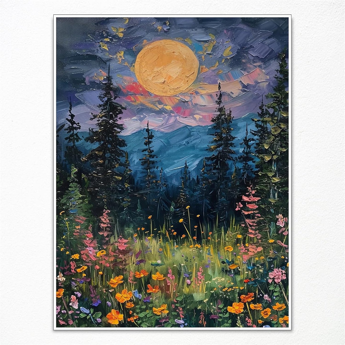 Moon Above The Wildflowers Canvas Painting