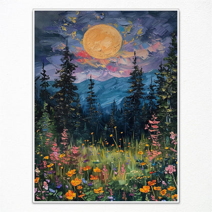 Moon Above The Wildflowers Canvas Painting