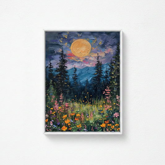 Painting of a forest scene with flowers and a large moon in the sky