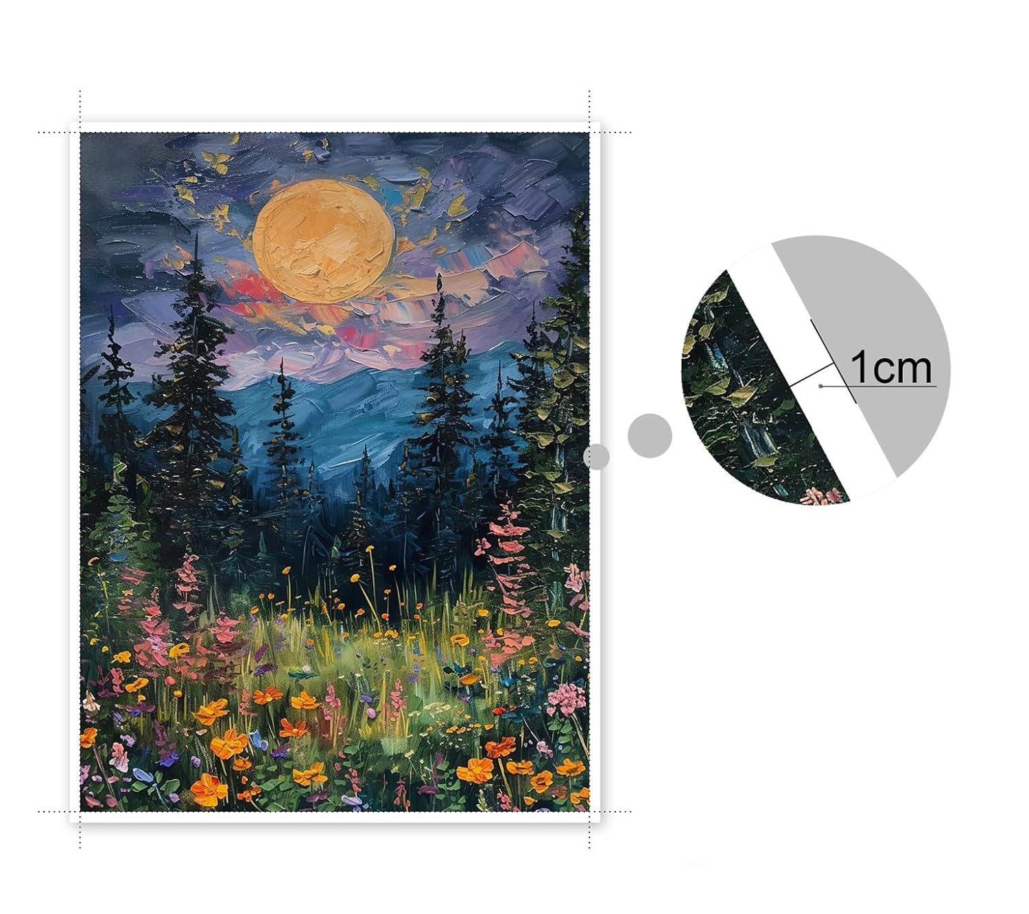 Unframed poster of a night sky with moon, trees, and flowers, showing a 1cm white border.
