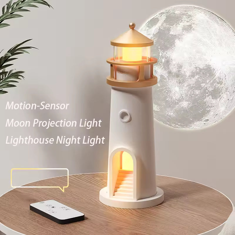 Moon Projection Light Lighthouse placed on a table with a projection light