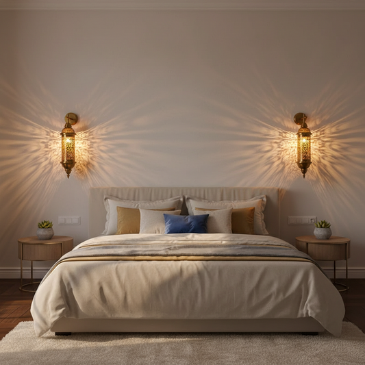 A styled bedroom scene with a neatly made bed centered against a light beige wall, flanked by two ornate wall sconces casting warm starburst light onto the wall. The bedding is cream and beige with a small blue accent pillow, and two small side tables with potted plants sit on either side.