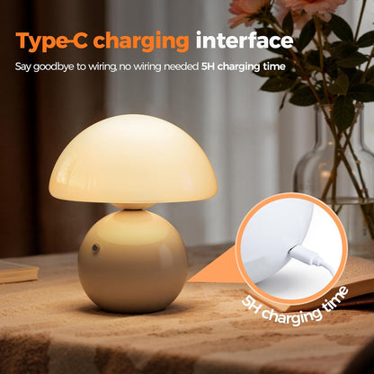 Mushroom-shaped lamp with Type-C charging interface on a wooden surface.