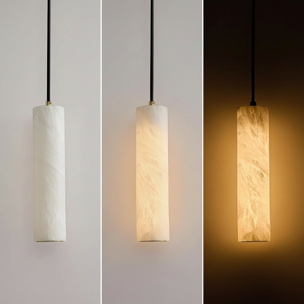Three-panel comparison showing a cylindrical pendant light in different states: turned off, turned on, and glowing warm at night. The lamp has a white marble-look shade with a black cord and small gold-toned hardware.