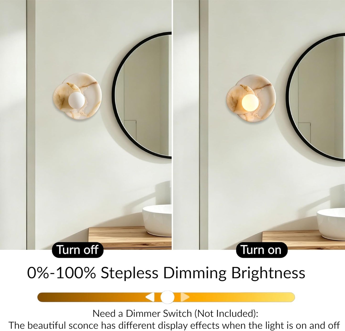 Wall sconce with dimmable light effect on a bathroom wall.
