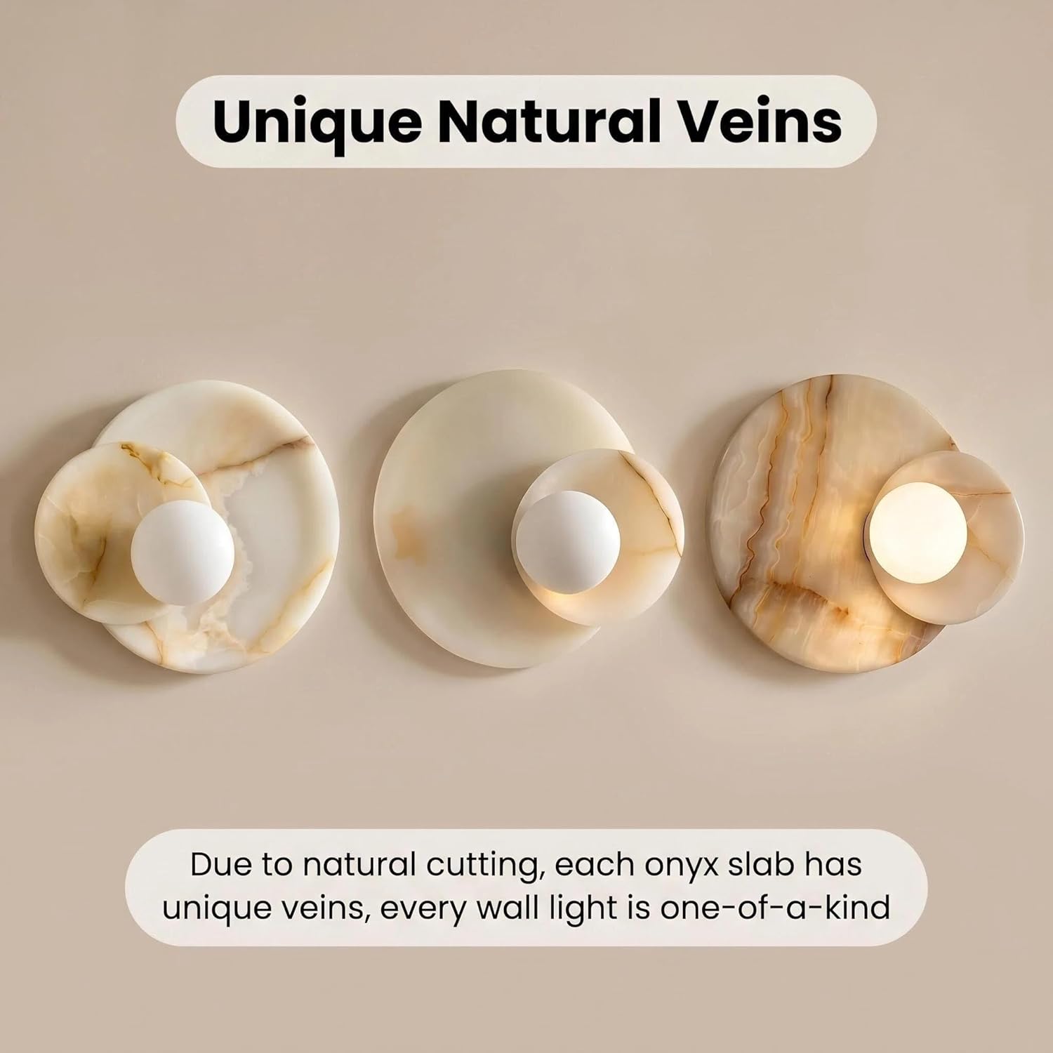 Three onyx wall lights with unique natural veins on a beige background