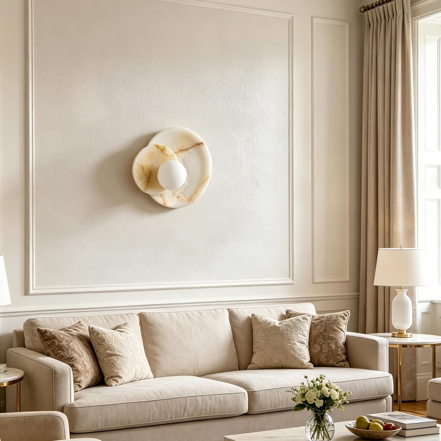 Living room with beige sofa, decorative pillows, and wall art.