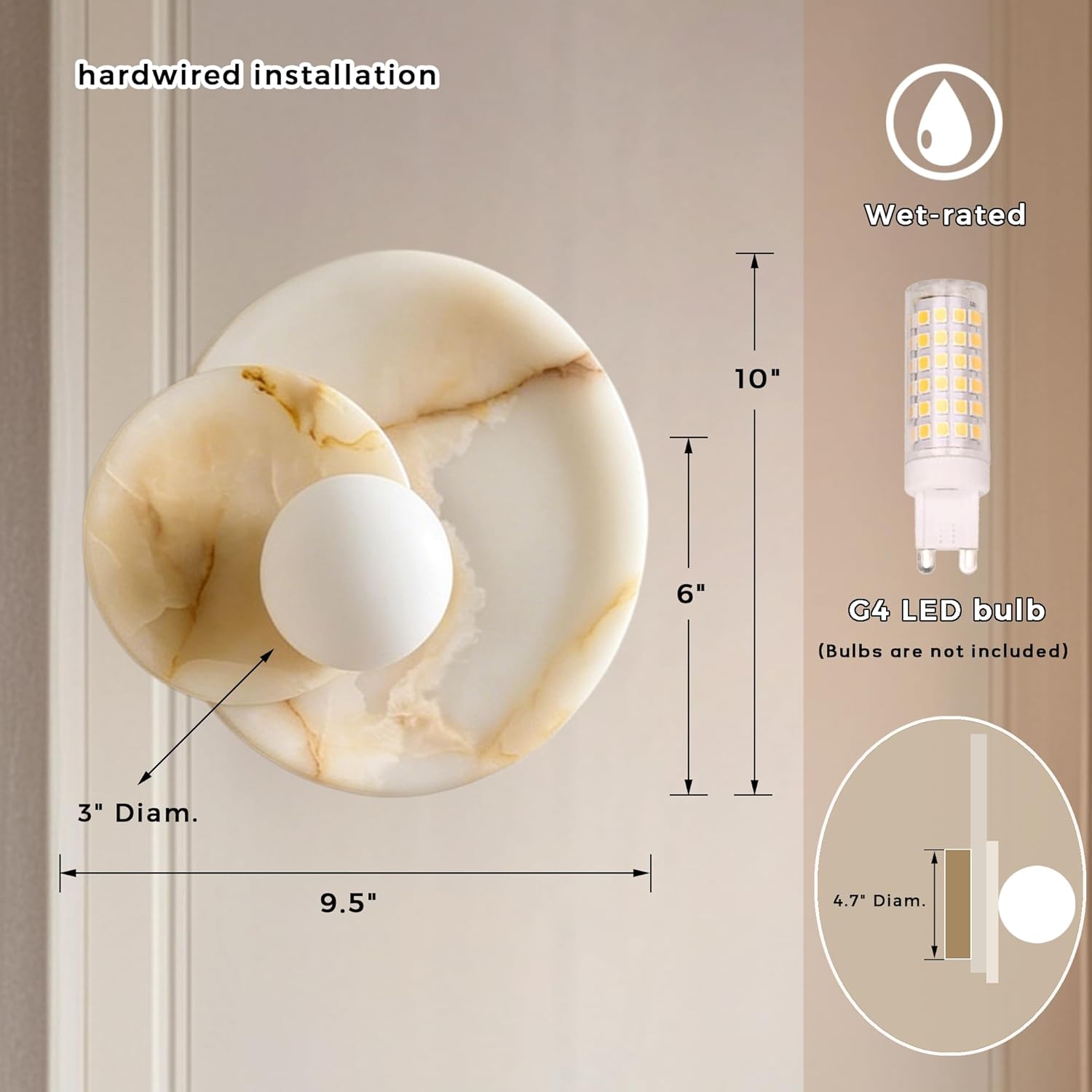 Decorative wall light fixture with dimensions and bulb information on a neutral background