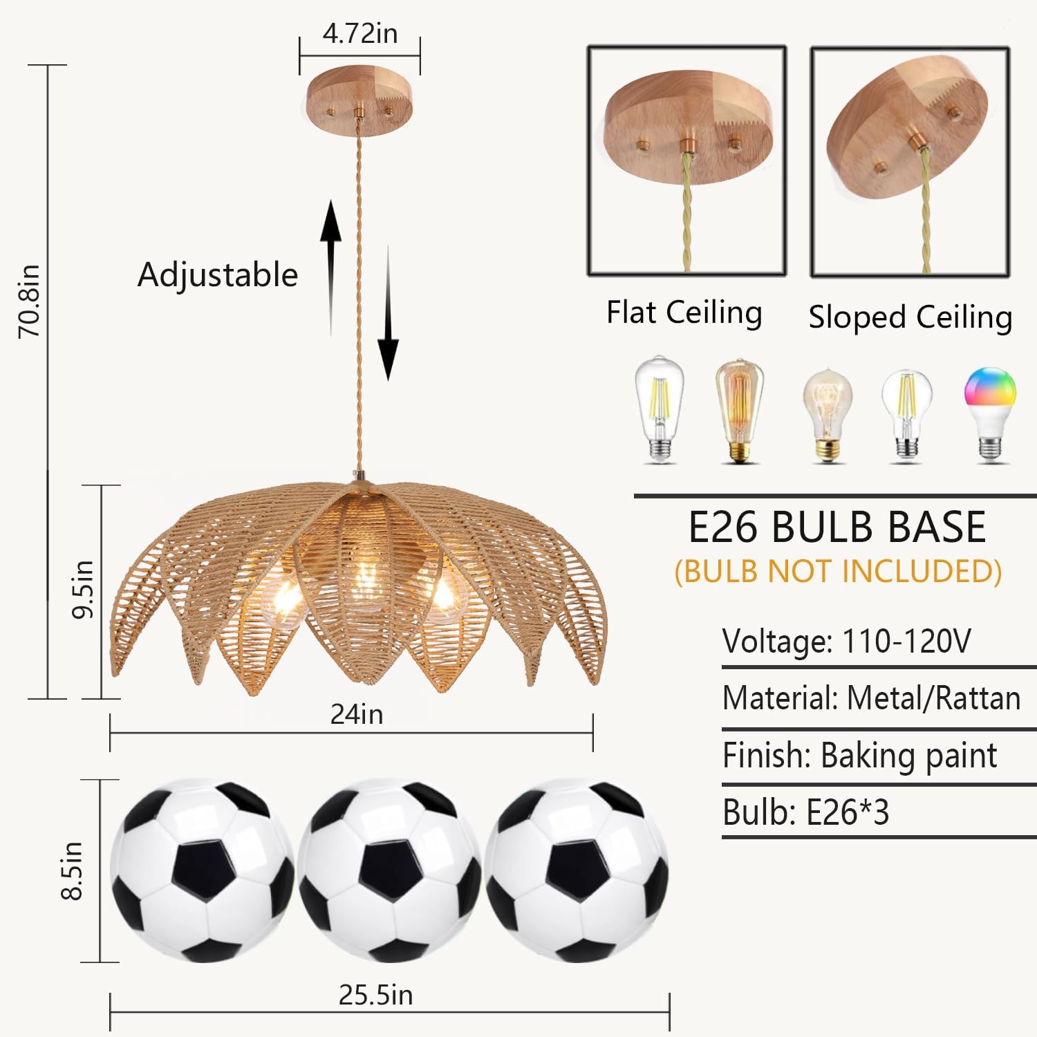Wicker pendant light with dimensions, bulb base information, and compatibility illustrations.