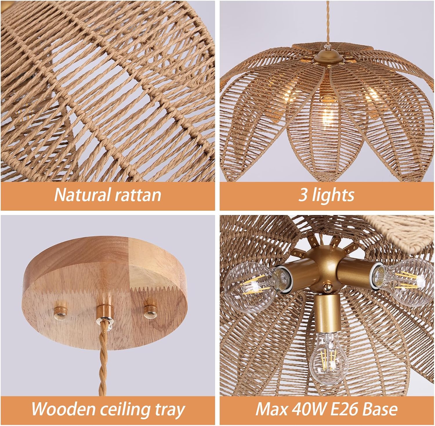 Collage of a rattan pendant light with details on material, number of lights, ceiling tray, and bulb size.