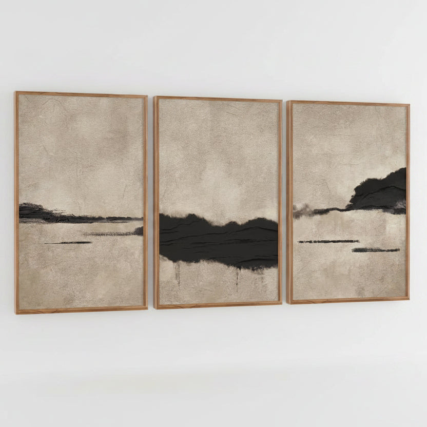 Three framed abstract artworks with natural landscapes on a white background