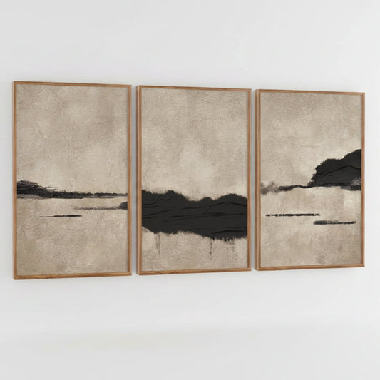 Three framed abstract artworks with natural landscapes on a white background