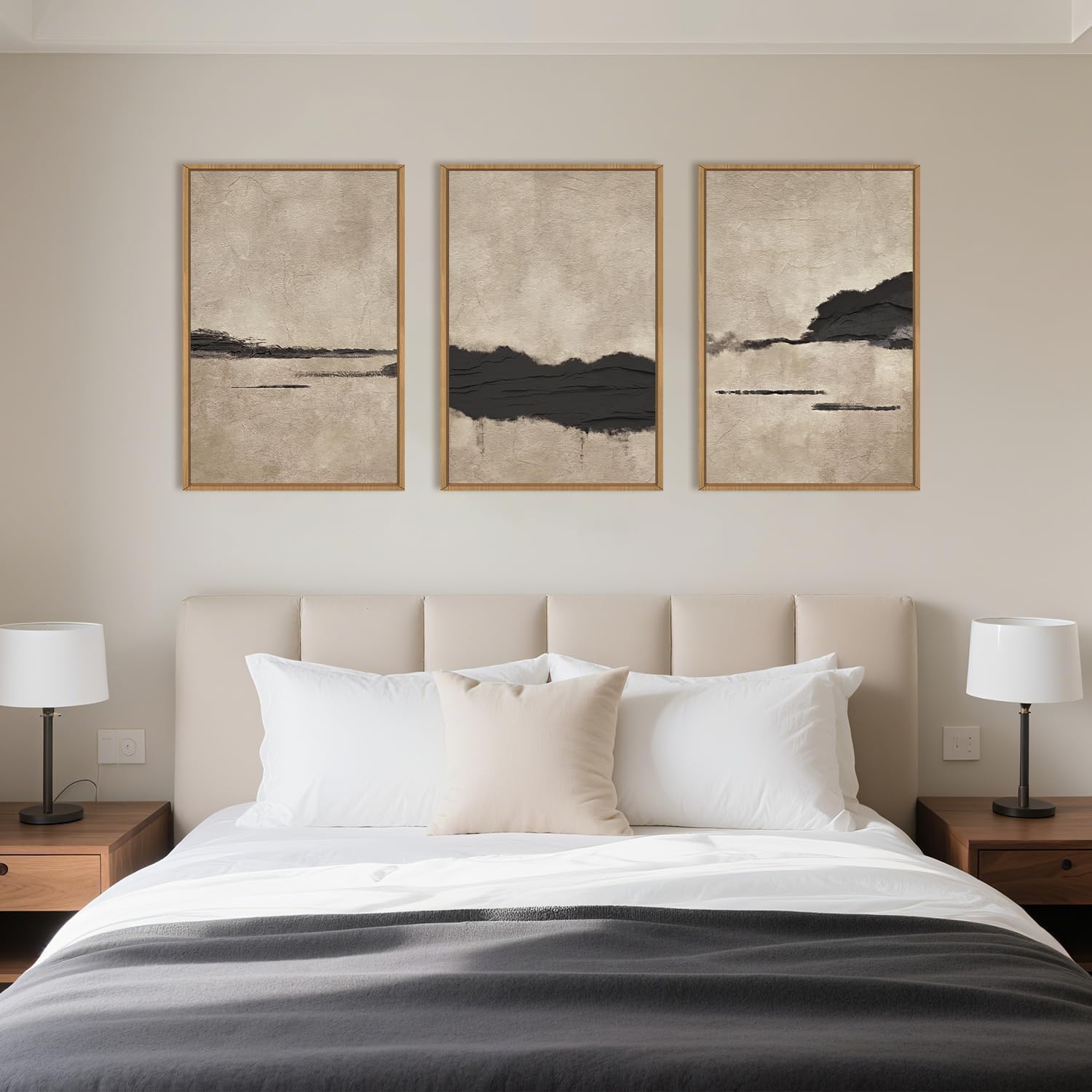 Bedroom with a bed, nightstands, and wall art