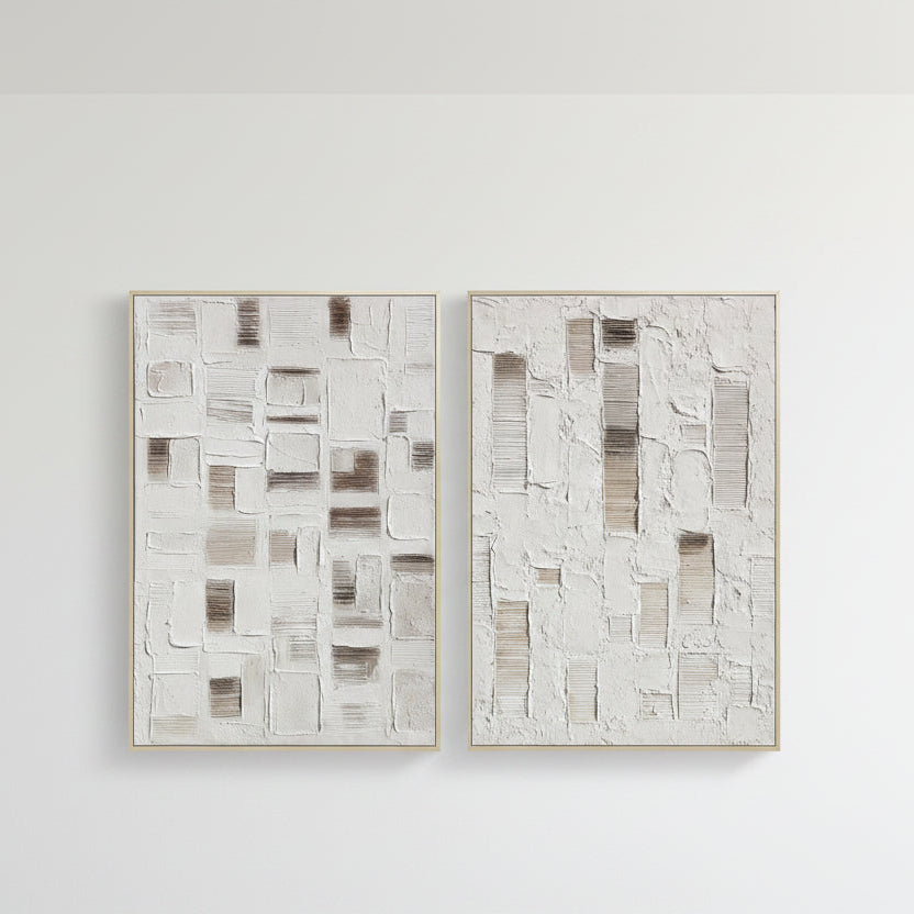 A two-panel abstract wall art set featuring textured, thick-painted rectangular blocks in off-white, beige, and taupe tones.